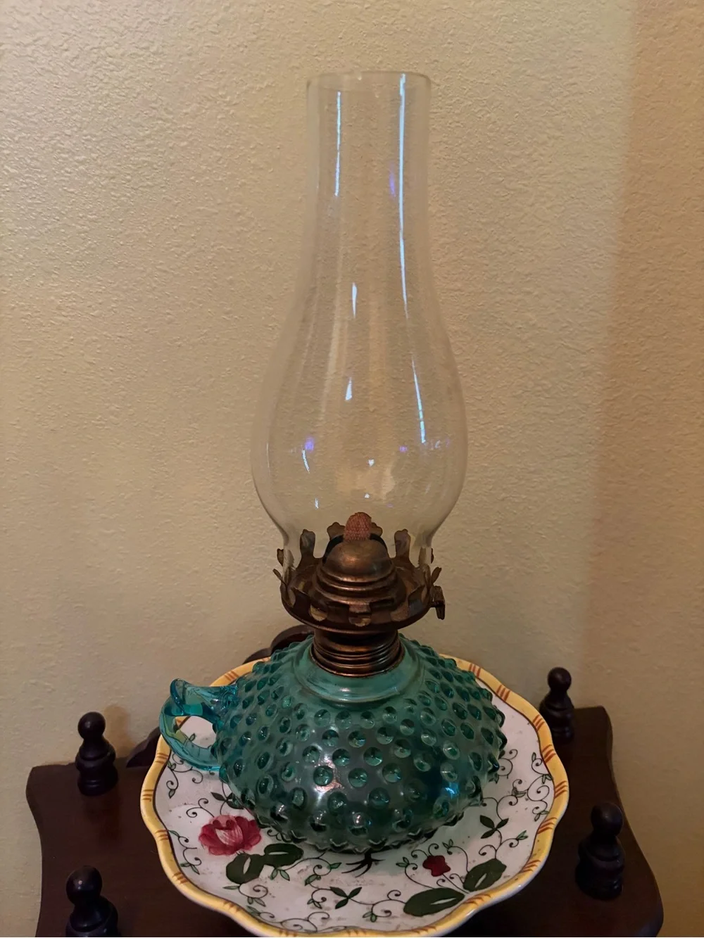 Vintage Green Hobnail Glass Oil Lamp - Teal Accent